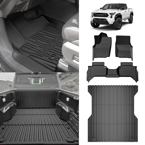Image of TripleAliners Truck Mat Compatible with 2024-2025 Toyota Tacoma Double Cab Auto Trans Accessories w /5FT, Truck Bed Mat Heavy Duty Custom Fit All Weather Protection TPE Pickup Liner, with Floor Liners
