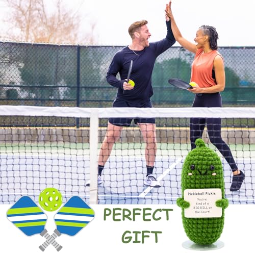 Image of Pickleball Pickle Crochet with Stand. Handmade Pickle Gift for Women, Friends, Family, Co Workers. Birthday Gifts Best Friends