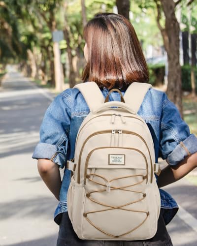 Image of Teen Girls Backpack School Bag, 17.3in Laptop Backpack for Women Work Commuter, Aesthetic College Bookbag for Students, Beige