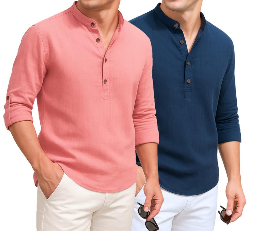 Image of DEELMO Combo of Men's Cotton Blend Solid Regular Fit Full Sleeve Short Kurta | Men's Trendy Short Kurta Pack of 2