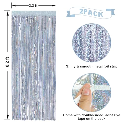 Image of 2 Pack Laser Silver Foil Fringe Curtains Streamers Party Decorations 3.3 x 8.2 ft, Pink Tinsel Curtain Fringe Backdrop for Parties, Door Fringe Birthday Streamers, Barbie Backdrop Birthday Decorations