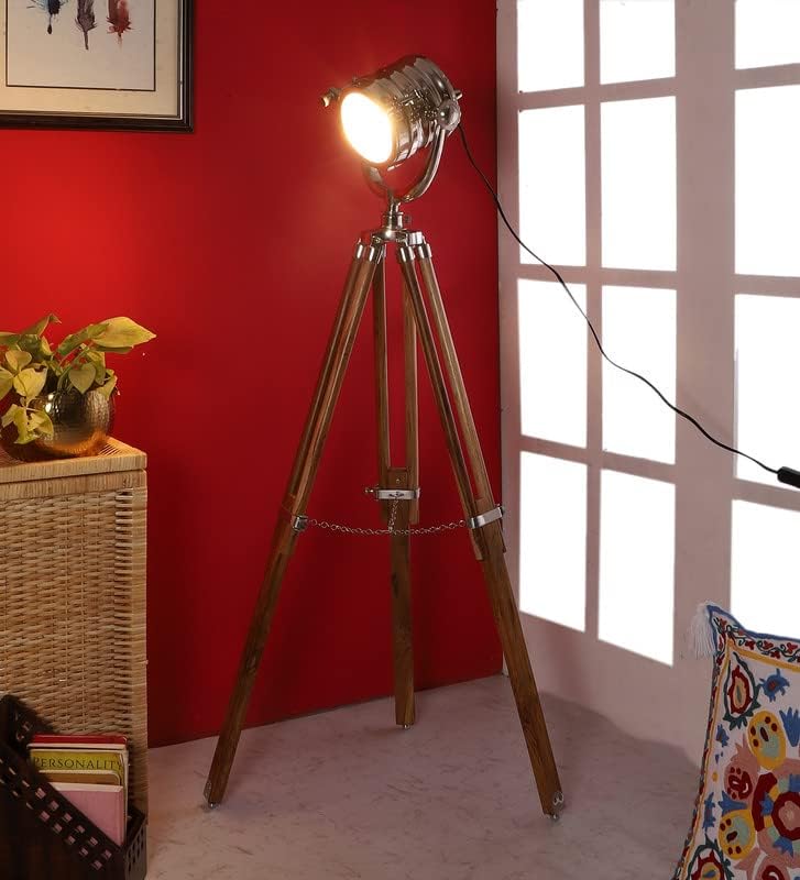 Image of PRISTINE INTERIORS Brown Fabric Shade Tripod Floor Lamp with Black Base Silver Metal Shade Tripod Floor Lamp with Beige Base (Issac Nickle)
