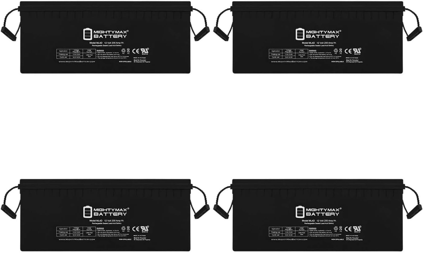 Mighty Max Battery 12v 200ah Battery Replacement for Solar Power - Deep Cycle - 4 Pack