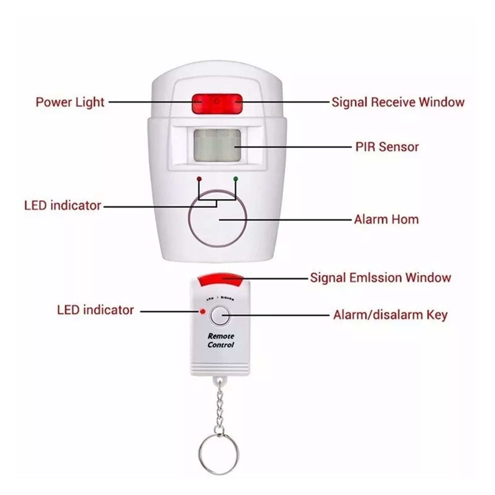 Sistema di Allarme, di allarme PIR con sensore a infrarossi, 2 telecomandi wireless for la sicurezza domestica, antifurto rilevatore movimento, sirena da 105 dB