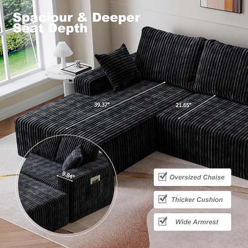 Image of Modular Sectional Sofa Couches L-Shape Couch 3 Seat Modular Sofa Memory Foam Sectional Couches for Living Room (Black, 108 inch+Left Chaise)