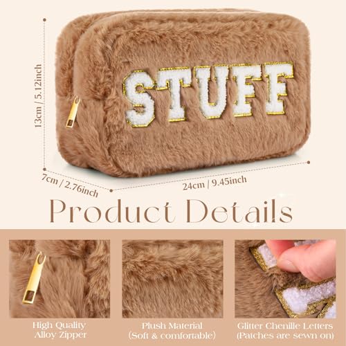 Paterr 4 Pieces Chenille Letter Preppy Patches Makeup Bag Plush Fuzzy Cosmetic Hair Face Skin Toiletry Travel Bag Pouch with Zipper Preppy Stuff for Girls Women(Brown)2