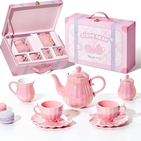 Giant bean Porcelain Tea Set, 10 PCS Pearl Pink Tea Party Set for Little Girls, British Royal Princess Series Teapot & Cup & Saucer & Sugar Bowl & Suitcase, for Little Kids Toddlers Cover