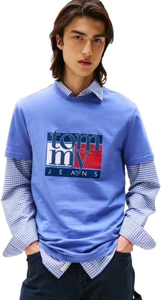 Tommy Jeans Men's Short Sleeve Cotton T-Shirts with Flag and Logo Graphic