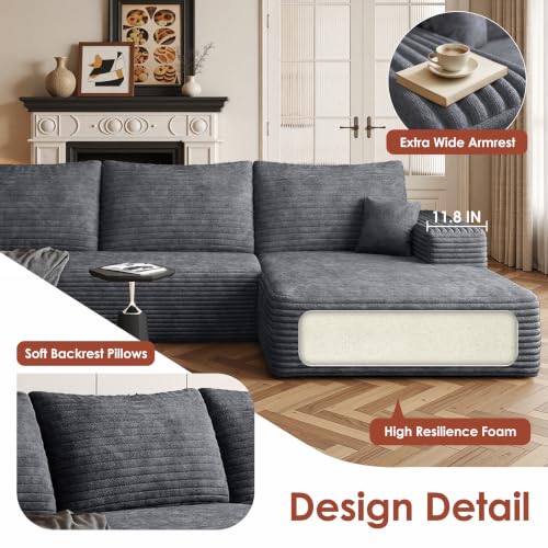 Image of Boneless Couch, Modular Sectional Couches for Living Room, U-Shaped Cloud Couch Sofa with Deep Seat, Fluffy Corduroy Upholstered Corner Sofa
