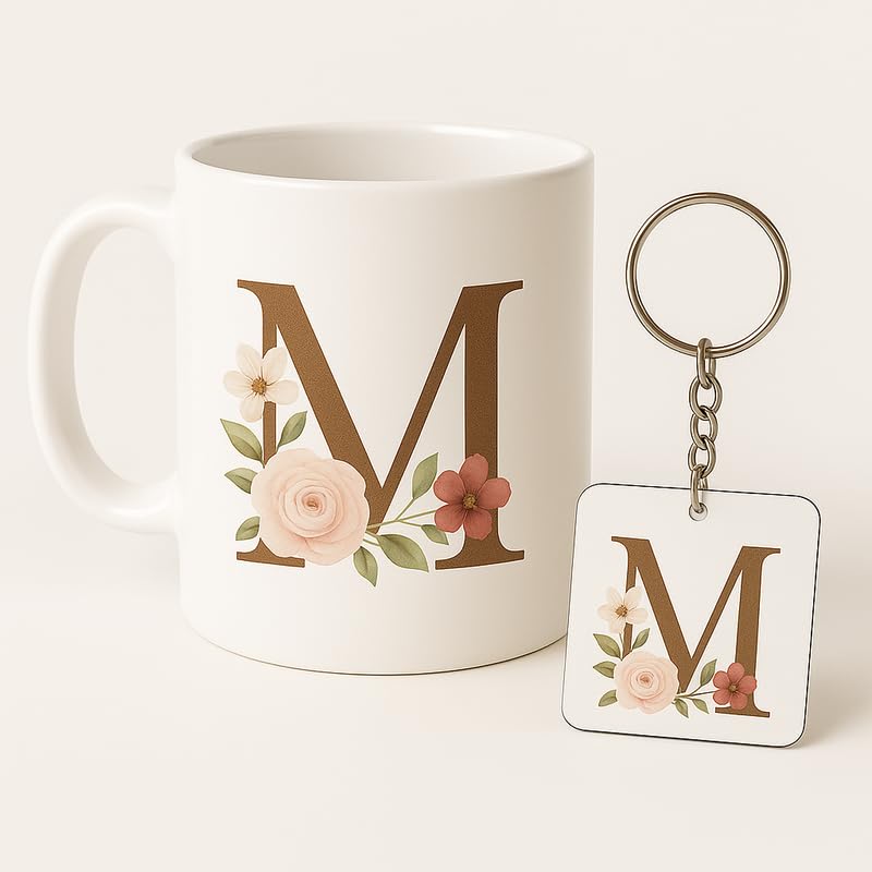 Image of Letter M Mug and Keychain Set - Elegant Floral Monogram Gift for Her /Him - Coffee Cup and Key Ring with Initial M - Coffee Mug for Everyone Any Occasion 4646 13