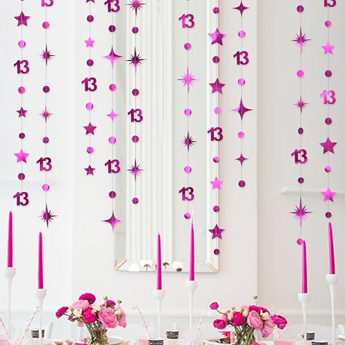 Image of Hot Pink 13th Birthday Decorations Number 13 Circle Dot Twinkle Star Garland Hanging Streamer Banner Backdrop Girls 13 Year Old Birthday Thirteen Official Teenager 13th Anniversary Party Supplies