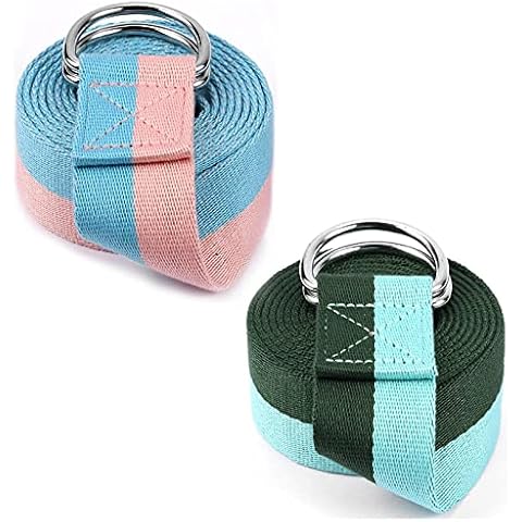 2 Packs Yoga Straps for Stretching, 8 Colors 6 Feet Extra Thick Yoga Belt Strap Stretching Strap Stretch Bands with Adjustable Metal D-Ring Buckle, Candy + Turquoise/Army Green, Medium Cover
