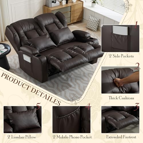 Image of SAMERY 54.3 inch Loveseat Recliner Sofa | Double Recliner Sofa | Wall Hugger Loveseat Reclining RV Theater Seats | RV Couch Home Theater Seating Furniture with Cup Holders, Pockets (Faux Leather Brown)