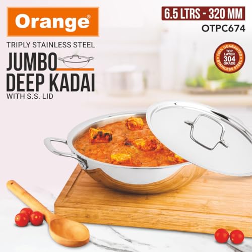 Image of Orange Triply Jumbo Stainless Steel Deep Kadai with Steel Lid (S.S. Lid) 6.5 LTR, 32cm Diameter | Induction Friendly | Heavy Bottom with Cool Touch Handle | 2.5mm Thickness | 5Year Warranty