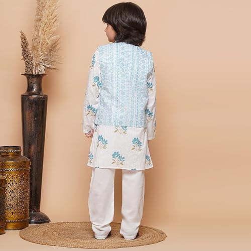 Image of AJ DEZINES Kids Ethnic Wear Cotton Printed Kurta Pajama Set For Boys With Nehru Waist Coat Jacket