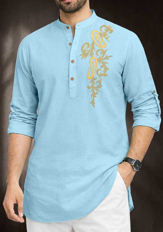 Image of Cotton Blend Self Design Printed Casual Short Kurta for Men Long Sleeve Mandarin Collar Stylish Kurta Shirt for Men