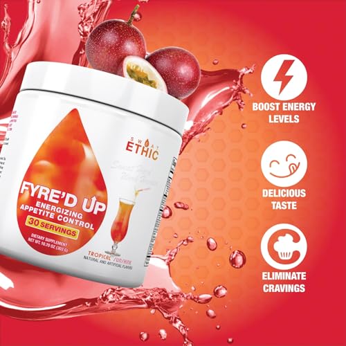 Image of Sweat Ethic FYRE'D UP Energizing Appetite Suppressant, 200 MG Natural Caffeine, Supports Active Lifestyle & Craving Control, Easy-Mix Powder for Pre Workout Energy, Tropical Sunshine Flavor, 30 Srvgs