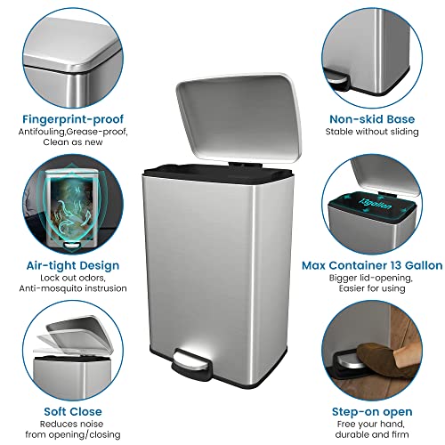 Veelesa 13 Gal./50 Liter Rectangular Stainless Steel Step-On Bathroom And Kitchen Trash Can #TOP6