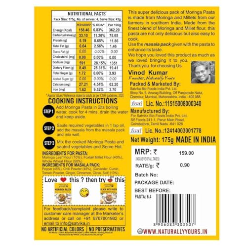 Image of Naturally Yours Moringa Macaroni Pasta | Shigru Leaf, Millet & Whole Wheat | High Protein | No Maida, Not Fried | No Onion No Garlic, Jain Friendly | Ready in 5 Minutes | 175g Pack of 3