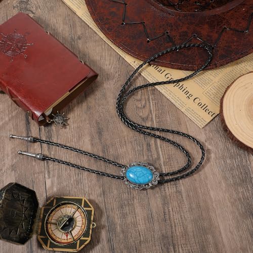 Image of ElevateTech Bolo Tie for Men Western Cowboy Bolo Tie Necklace Shape Round Ties Supplies Accessories Western Handmade (Blue)