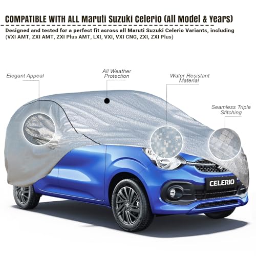 Image of Pivalo Car Cover for Maruti Celerio All Model & Years (2014-2024) 100% Waterproof with Mirror Pockets, Triple Stitched Bottom Elastic Dustproof Full Body Protection (Heat & UV Resistant, Silver)