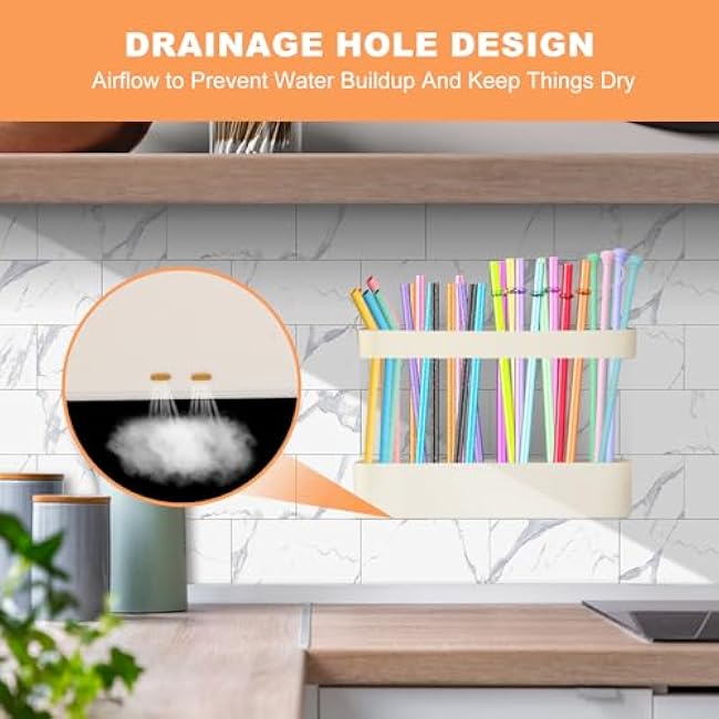 9.6'' Large Straw Holder for Cabinet Door, Soft Silicone Straw Organizer Storage Container with Double Sided Adhesive Tape, Space-Saving Kitchen Organizer Accessories for Cabinet Cupboard Counter RVs