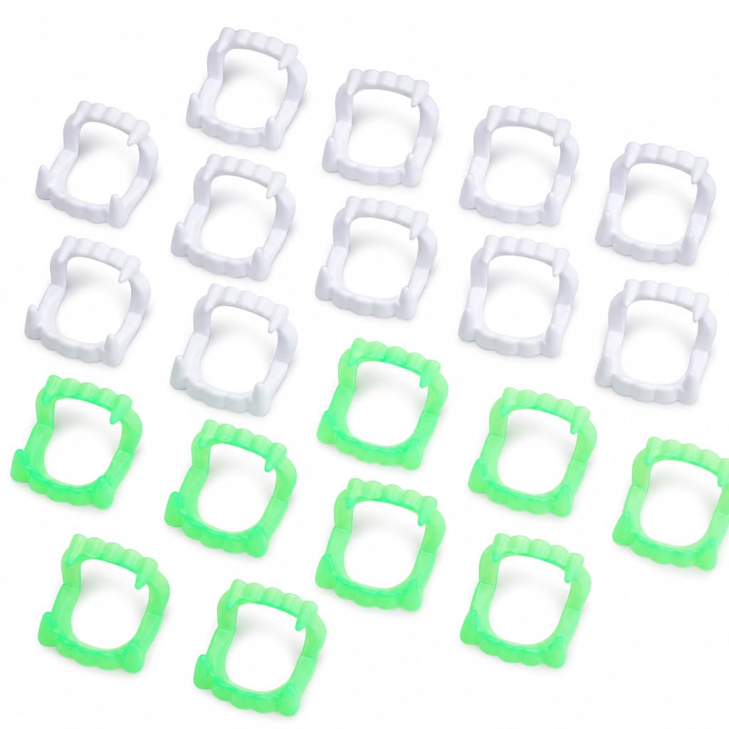 20 Pack Vampire Teeth, White and Glow Green Fangs, Halloween Accessories