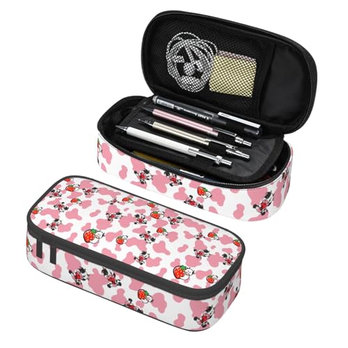 Image of Pink Strawberry Cows Print Large Pencil Case, Pencil Pouch With Zipper Compartments Stationery Pencil Bag For Kids Teens Students School Supplies