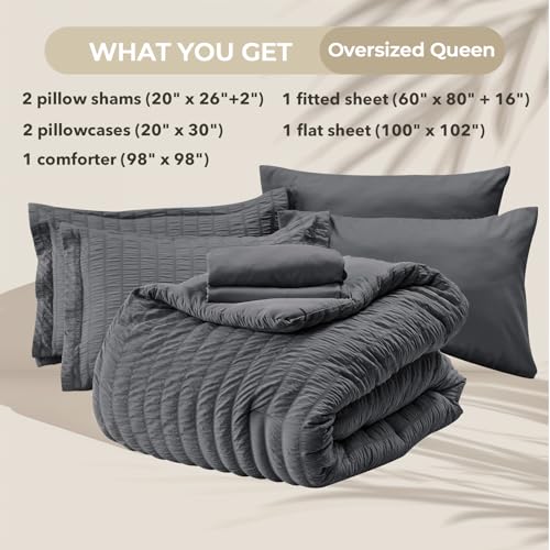 Image of HYMOKEGE Oversized Queen Comforter Set Seersucker 7 Pieces, All Season Luxury Bed in a Bag for Bedroom, Bedding Set with Comforter, Sheets, Pillowcases & Shams, Dark Grey
