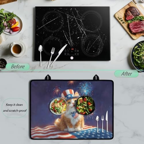 Image of Poceacles Stove Top Cover for Ceramic Glass Stove Cover America 250th Anniversary Decor Oven Cooktop Mat Protector for 4th of July, Cartoon Cat American Flag Fireworks Print