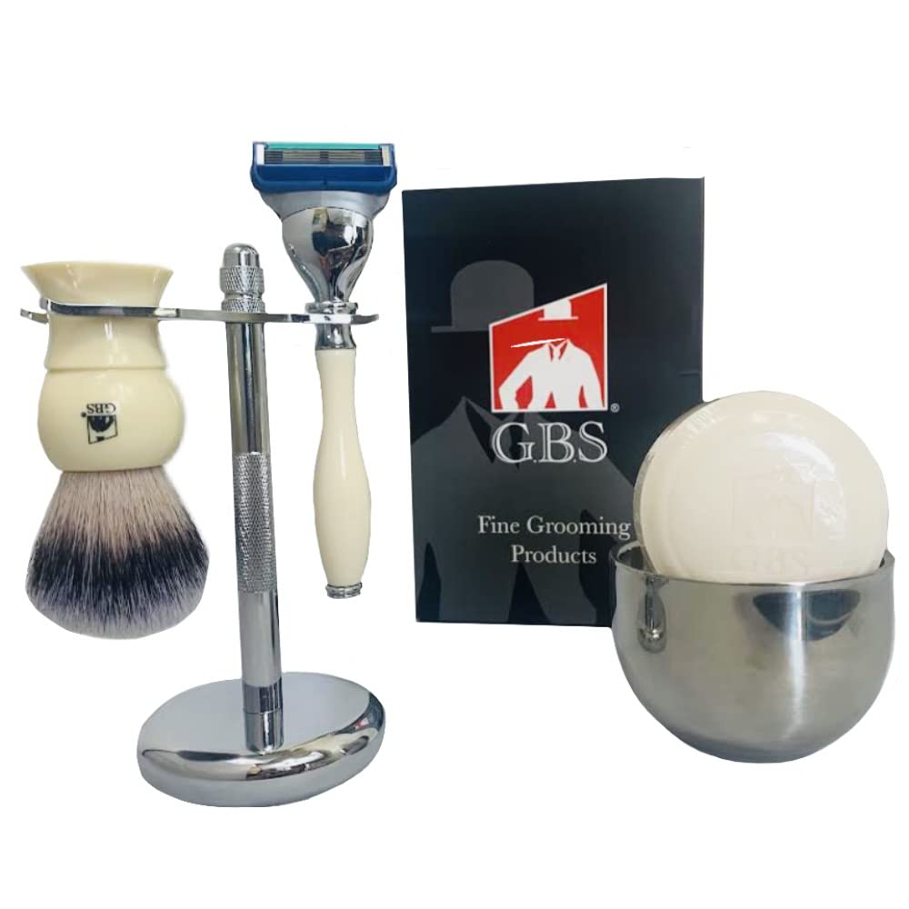 Gbs 5 piezas Set Marfil 3 + cuchilla de cepillo + cromo soporte + cuenco de tejón + jabón de afeitado para barba