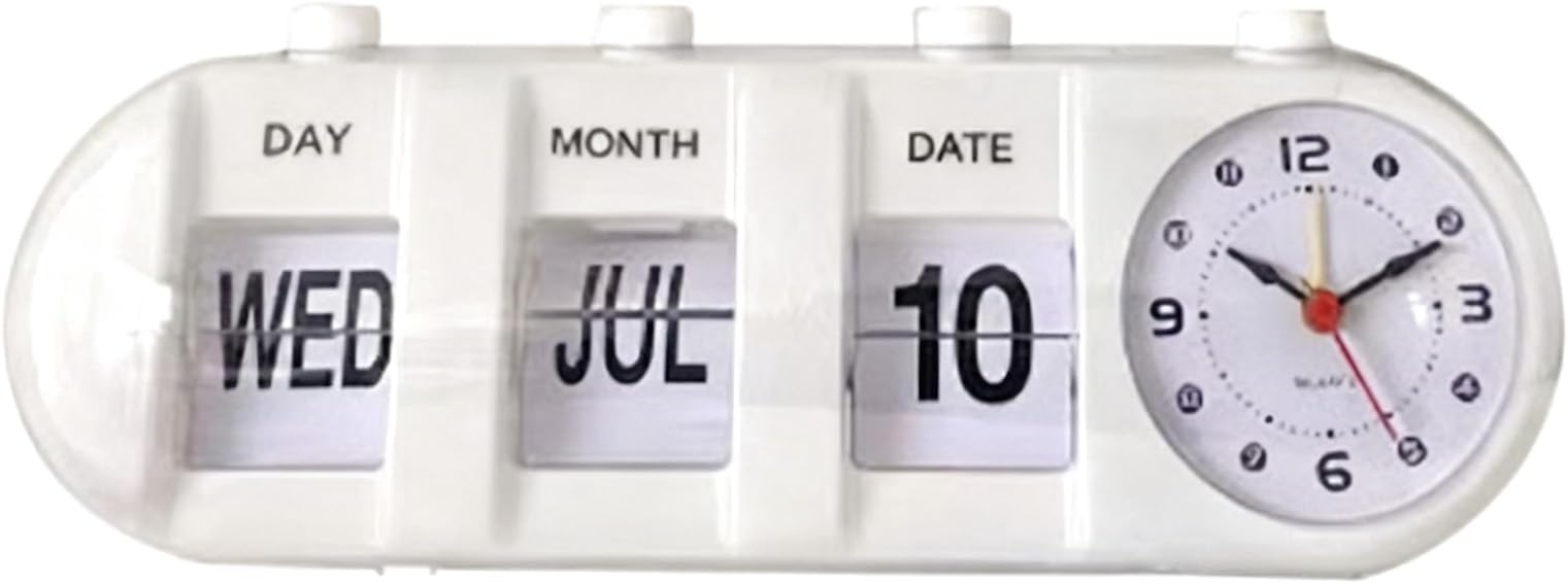 Alarm Clocks LED Digital Clock, Retro Table Auto Flip Clock Non Ticking Calendar Alarm Clock Jump Desktop Clock with Date, Month, Day of Week Display (White)