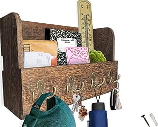 Comfify Wooden Wall Mount Mail Holder Organizer  Rustic Key Holder Organizer for Wall  Magazine Holder with 4 Double Key Hooks  Distressed Brown Rustic Wall Décor for Entryway