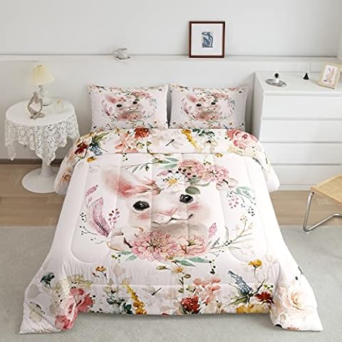 Erosebridal Kids Rabbit Bedding Set Twin Size,Pink Floral Comforter Set Girls Women Cute Bunny Quilt Duvet,Colorful Flowers Down Comforter Lovely Farm Animal Girly Bedroom Decor 2Pcs,Microfiber Cozy Cover
