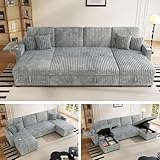 Sleeper Sectional Sofa, 110' Modern U Shaped Couch with Pull Out Bed, Convertible Corduroy Cloud Sofa with Double Storage Chaise, USB, Small Desktop, Comfy Modular Couch for Living Room, Light Gray