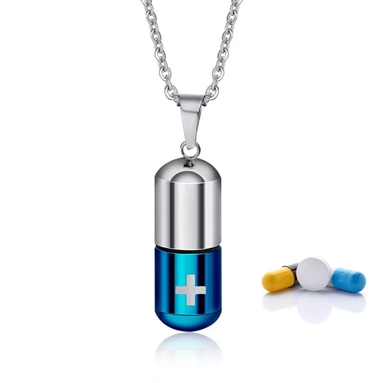FUNRIN Mini Pill Fob Necklace, Titanium Waterproof Keychain Pill Holder Container, Portable Travel Pill Case EDC Pill Carrier Pendant, Discreet Outdoor Camping Daily Pill Box,Blue