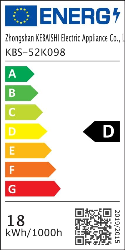 EU Energy Label for Sofucor ceiling fan model KBS-52K098, showing energy efficiency class D and energy consumption of 18 kWh/1000h. Includes a QR code linking to EPREL.