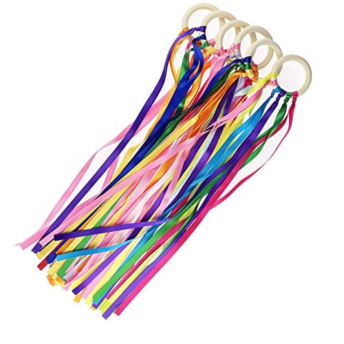 Miokun 12 Pack Hand Kite with Ribbon Streamer and Wood Ring Sensory Learning Educational Toy for Playroom Dance Birthday Gifts (12)