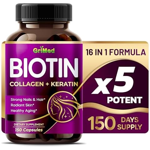 GriMed BIOTIN with Collagen + Keratin 7,275mg Strong Nails & Hair, Radiant Skin, Healthy Aging- USA Made & Tested (150 Count (Pack of 1)) Cover
