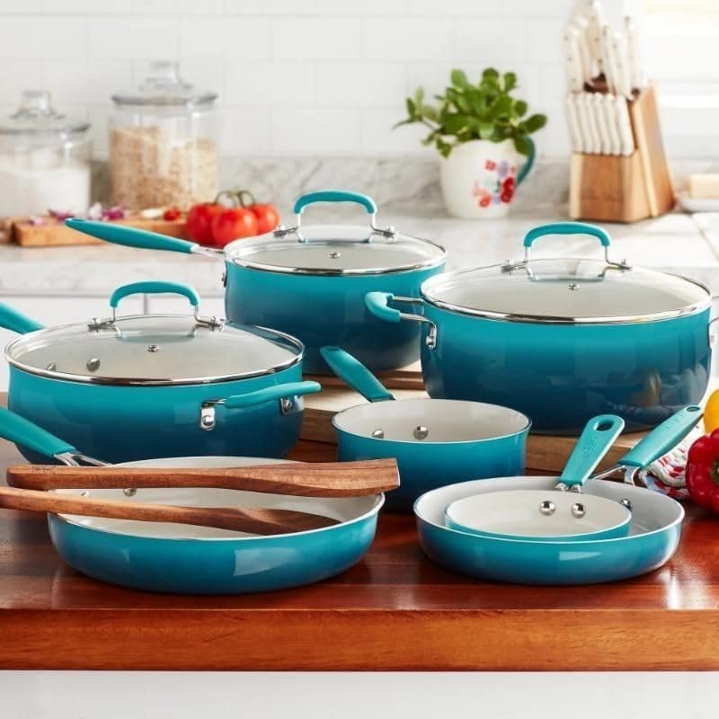 12-piece porcelain enamel ceramic cookware set in ombre teal blue