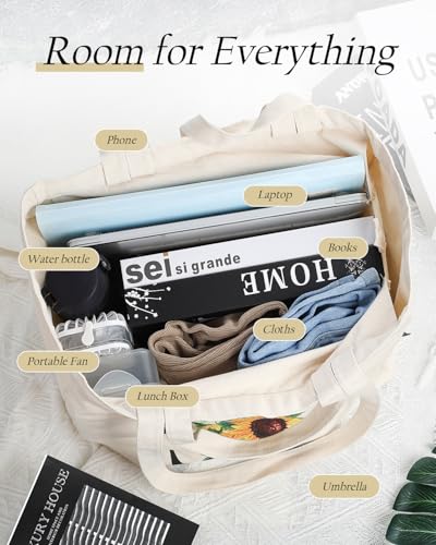 AUSVKAI-Canvas-Tote-Bag-for-Women-Sunflower-Grocery-Bags-with-zipper-Interior-Pocket-and-Long-Shoulder-Strap-Short-Handle