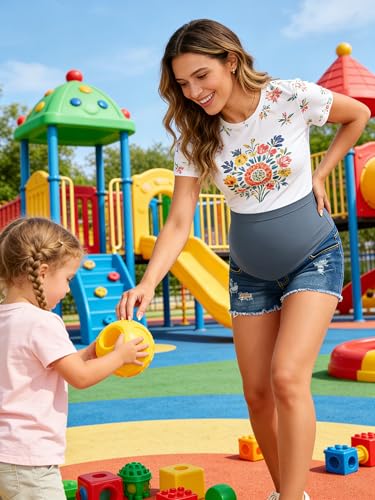 Image of PACBREEZE Women's Maternity Jean Shorts Over Belly Stretch Denim Shorts Trendy Summer Pregnancy Clothes