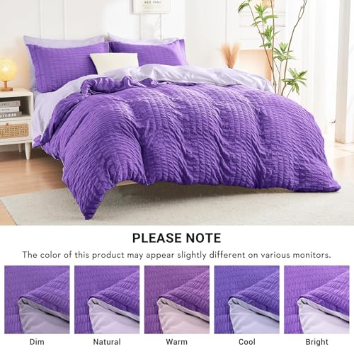 Image of HYMOKEGE Dark Purple /Lavender California King Comforter Set Seersucker 7 Pieces, All Season Luxury Bed in a Bag for Bedroom, Bedding Set with Comforter, Sheets, Pillowcases & Shams