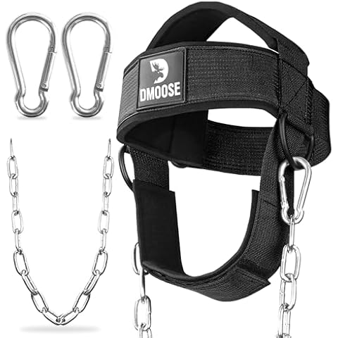DMoose Neck Harness for Weight Lifting - Neck Exerciser with 30" Heavy Duty Steel Chain - Neck Strengthener to Support Injury Recovery & Neck Workout - Neck Trainer with Adjustable Head & Chin Strap Cover