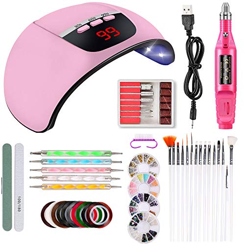 Nail Art Kit with UV LED Light, Nail Polish Starter Kit with 45W UV/LED Lamp, Nail Drill Machine, Decorative Plate and Nail Art Brushes Kit - Pink