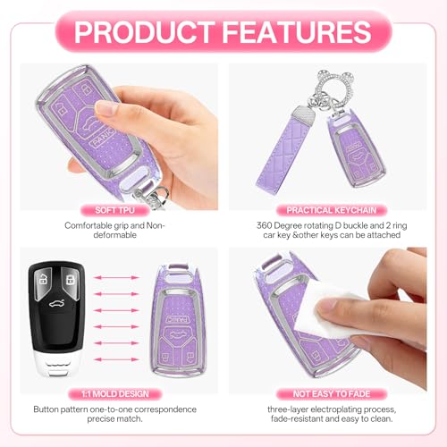 for Audi Key Fob Cover with Keychain,Soft TPU Protector Bling Car Keys Case Shell Compatible with Audi A6 A7 A8 / S4 S5 S8 SQ5 SQ7 / RS4 RS5 R8 TTRS TTS TT / B9 C8 D5 F5 Q2 / FY 4M FV (Silver Purple) — view 4