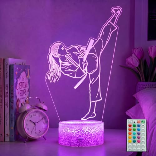Image of Karate Girl Night Light, Karate Gifts, Taekwondo 3D Illusion Lamp with 16 Colors Changing, Timer, 4 Flash Modes and Dimmable, Martial Arts Kids Girls Room Decoration, Holiday Xmas Gifts
