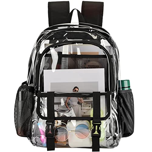 KUI WAN Clear Backpack, Large Clear Bag Stadium Heavy Duty PVC Transparent See Through Backpacks for Boys Girls, College, Work, Black