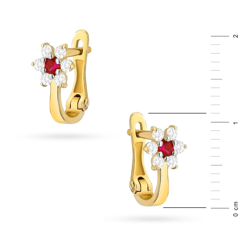 Kinder Ohrringe 333 Gelbgold (8K) Blume mit Rotem Zirkonia – Mädchen Ohrringe mit englischem Verschluss 10 mm, filigraner Schmuck Geschenk zur Kommunion & Taufe