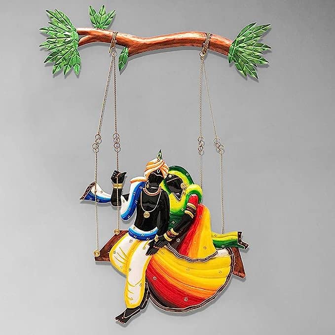 DAC Rajasthani Metal Radha and Krishna Riding on Jhul Iron Religious Wall Hanging, Wall Art, Wall Décor, Wall Sculptures | Decorative Wall Art (Multi Colored, 56.59 x 39.19 x 2.39 cm)